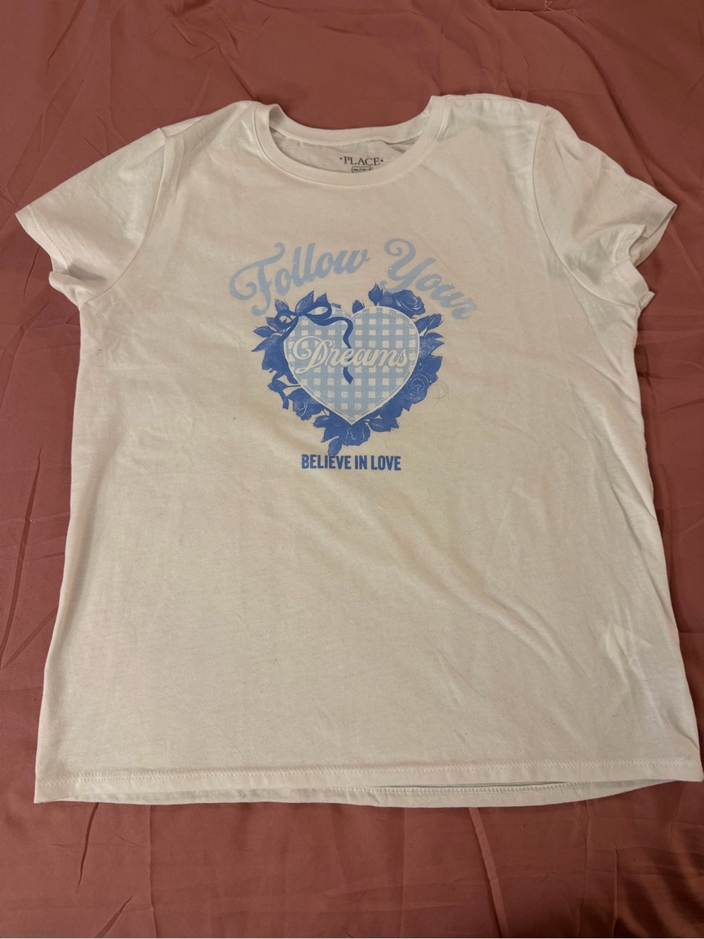 Place White Tee with Light Blue Heart Graphic - Follow Your Dreams
